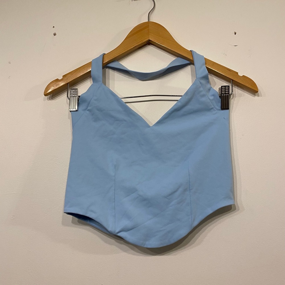 Reoria Light Blue Halter Neck Corset Top V-Neck Handkerchief Hem Cowl Back Large